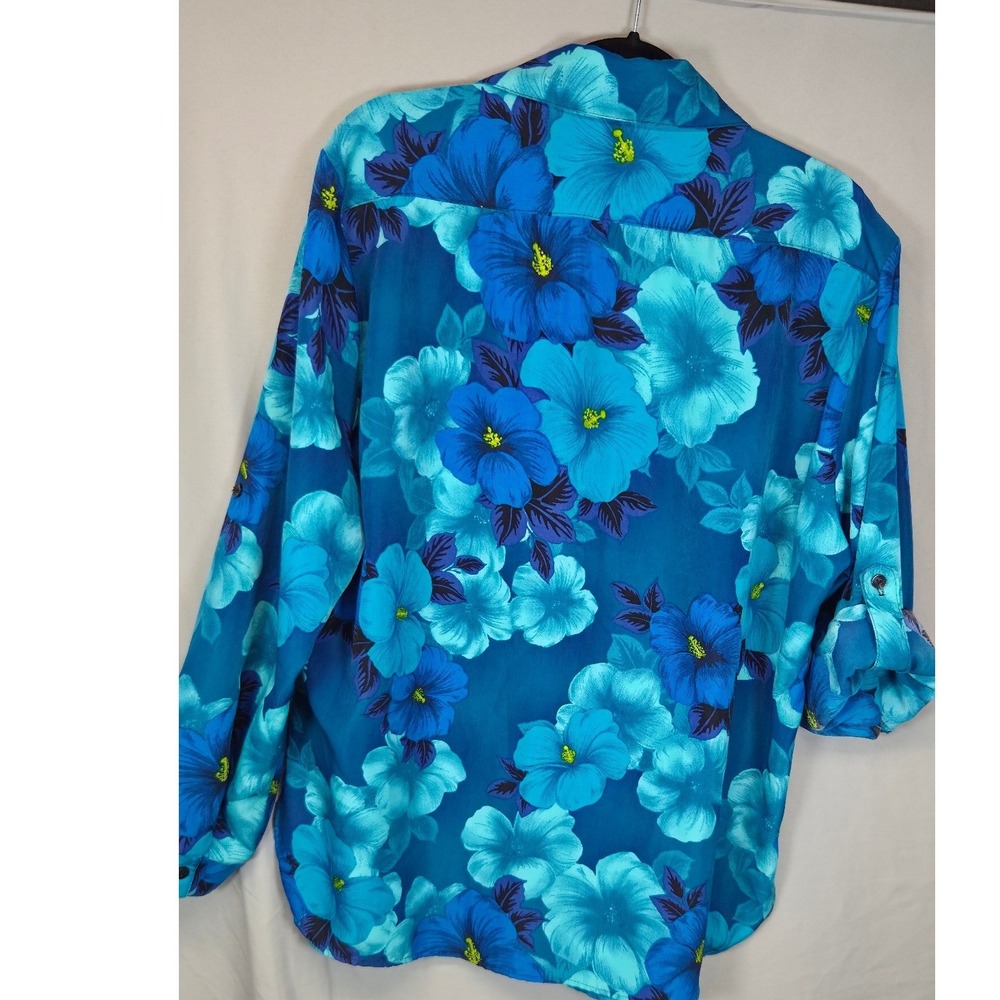 Floral Hawaiian Shirt Women XL Blue Hibiscus Tropical Island Bohemian Retro Bold